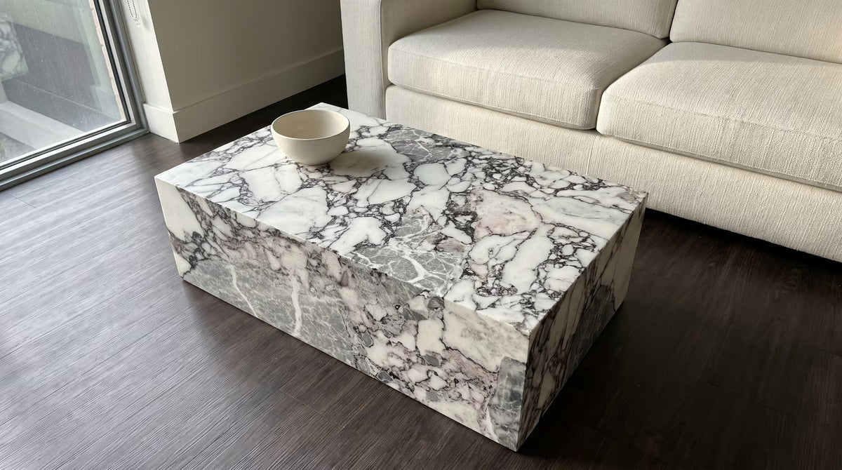 Stone-effect concrete coffee table seen from above