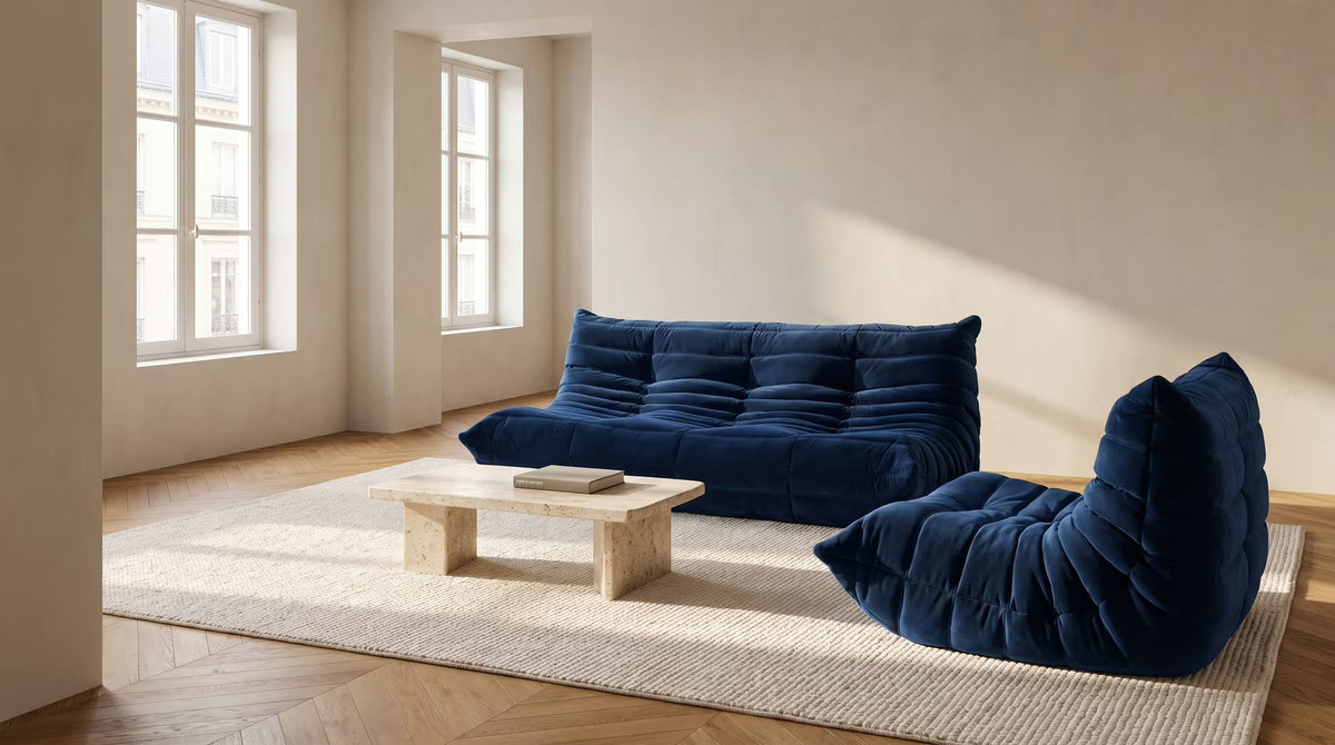 Pogo sofa and separate chair in a conversation layout