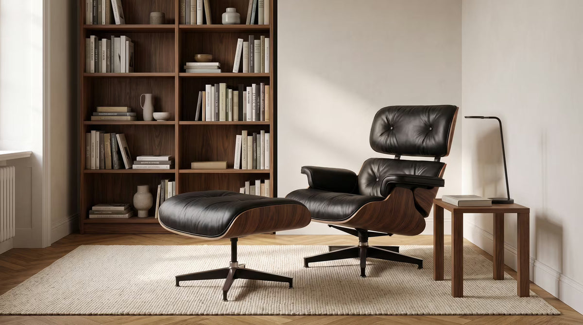 Room illustration: a black leather and walnut lounge chair with its ottoman, bookshelf and reading lamp