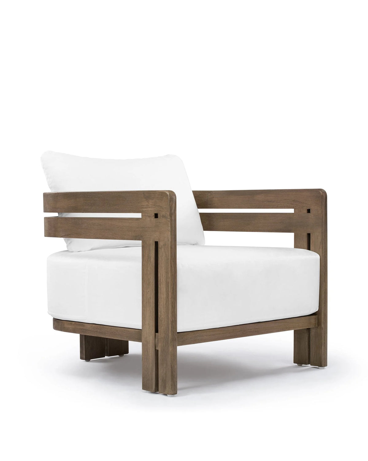 Luso™ outdoor lounge chair | teak platform - weathered with white cushions - chairs luso | designer | madorne