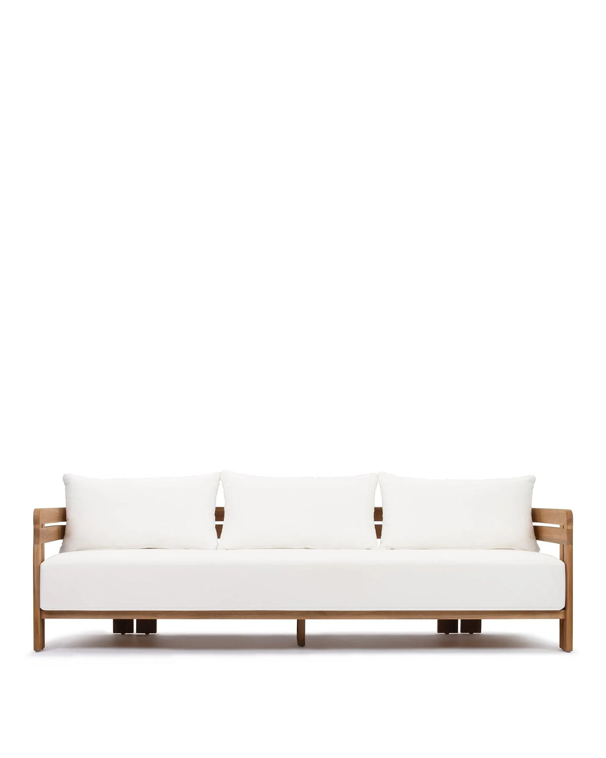 Luso™ outdoor three-seater sofa | teak platform - natural with white cushions - sofas luso | madorne