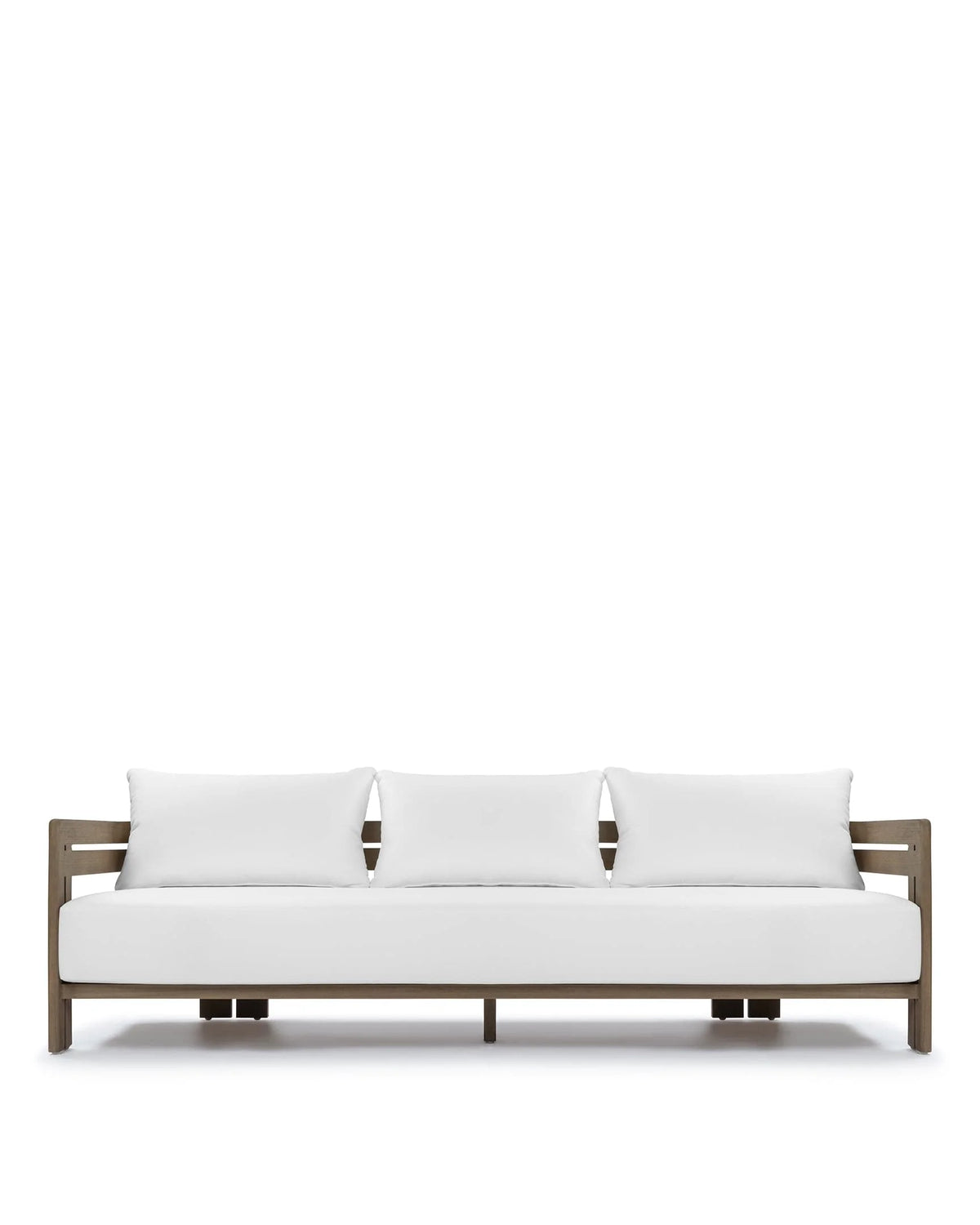 Luso™ outdoor three-seater sofa | teak platform - weathered with white cushions - sofas luso | madorne