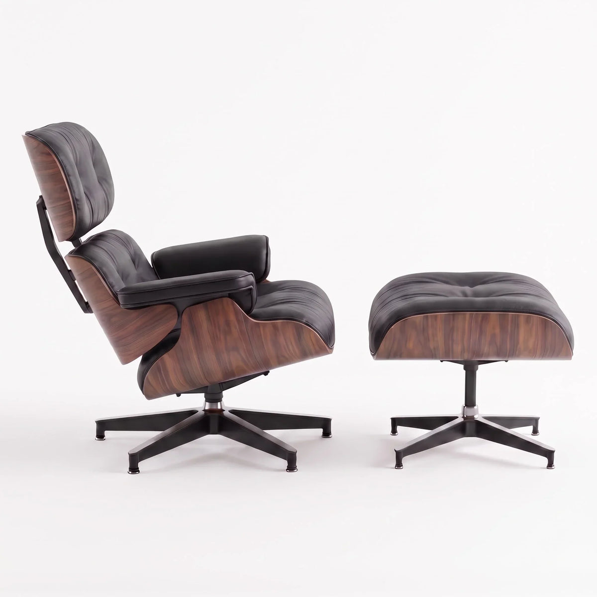 Marlow Lounge Chair and Ottoman in Black leather and Walnut veneer | Madorne