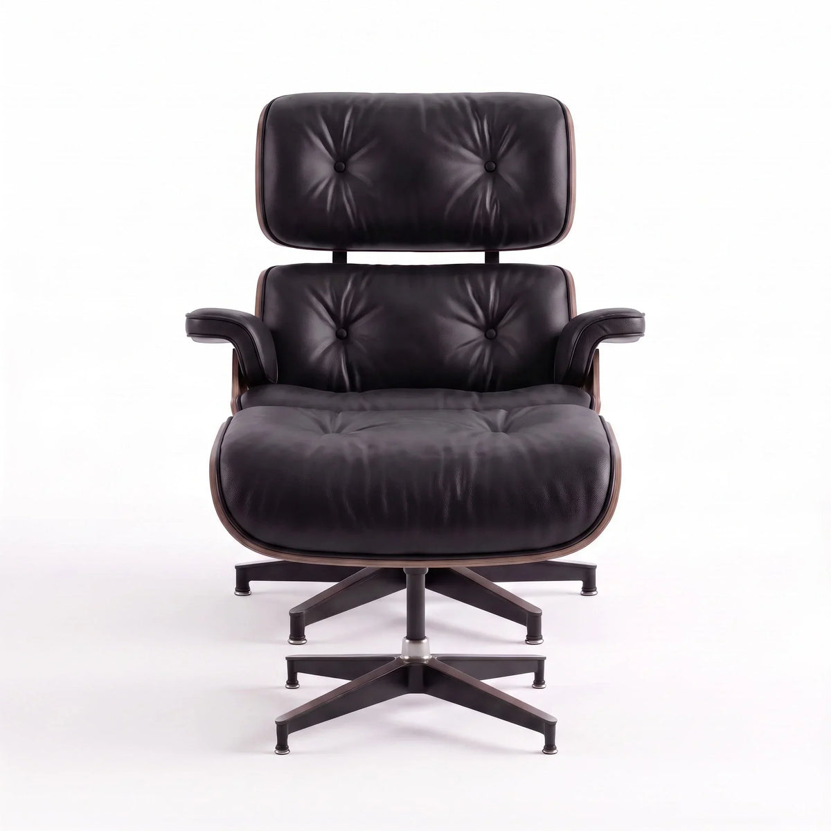 Marlow Lounge Chair and Ottoman in Black leather and Walnut veneer | Madorne