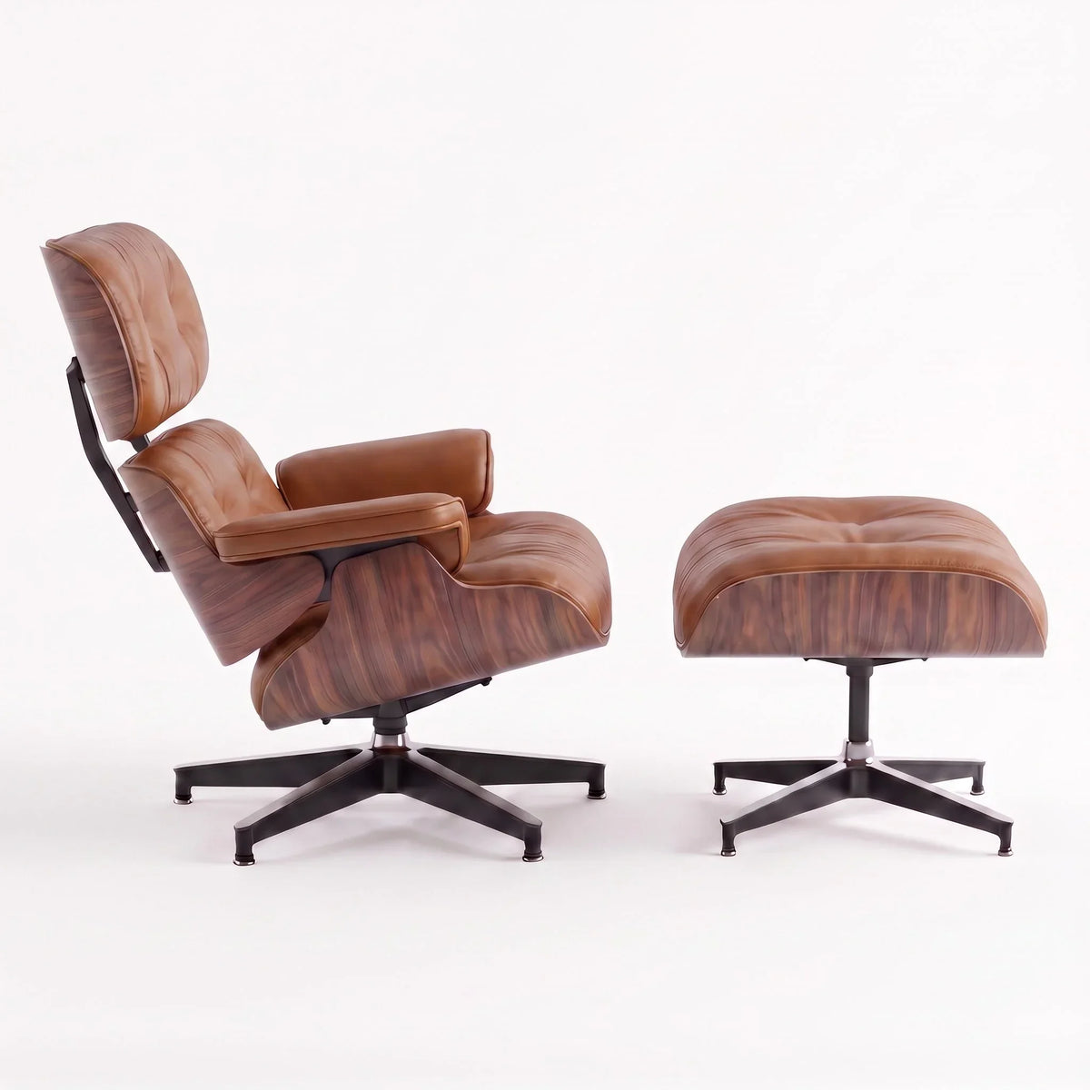 Marlow Lounge Chair and Ottoman in Chocolate leather and Walnut veneer | Madorne