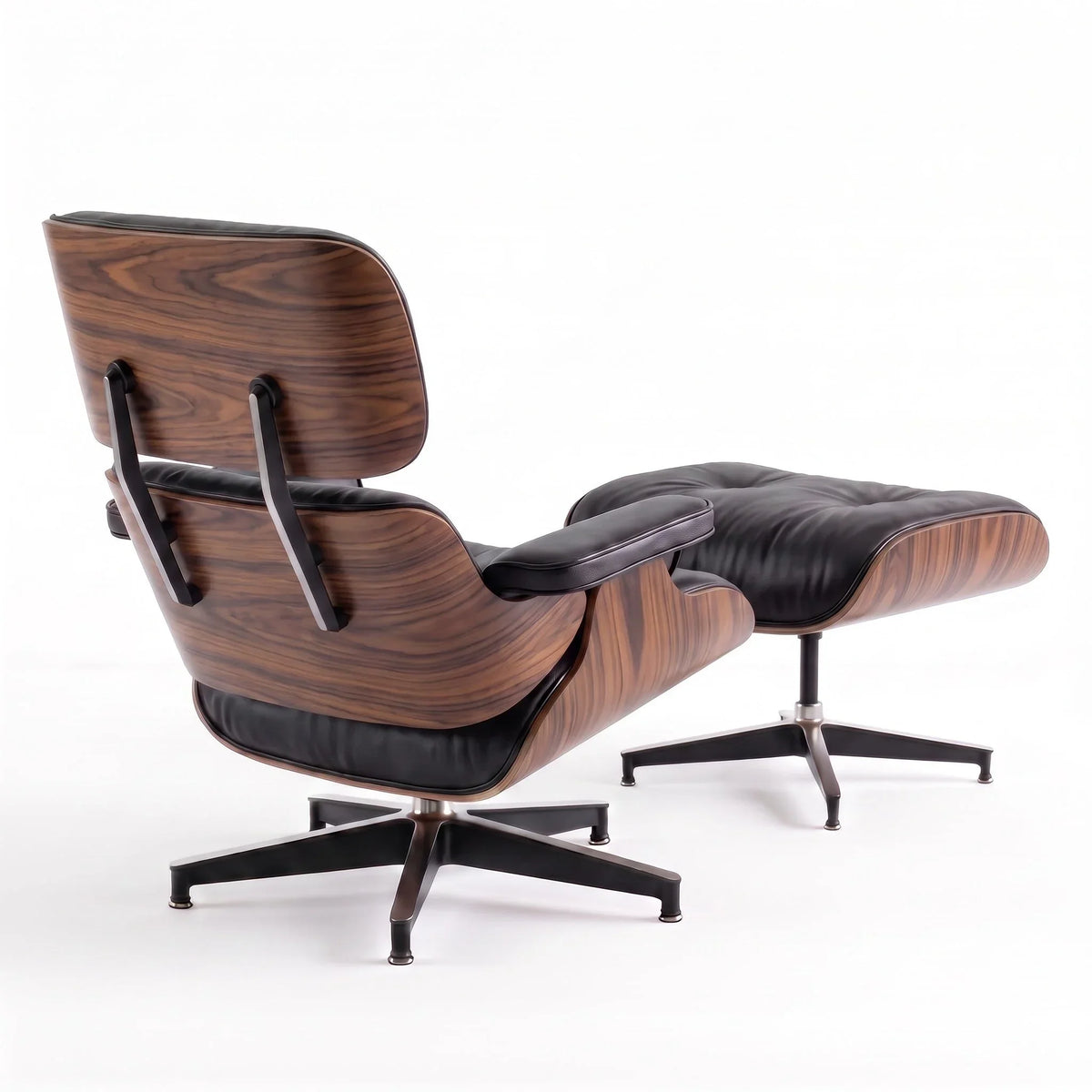 Marlow Lounge Chair and Ottoman in Black leather and Palisander veneer | Madorne