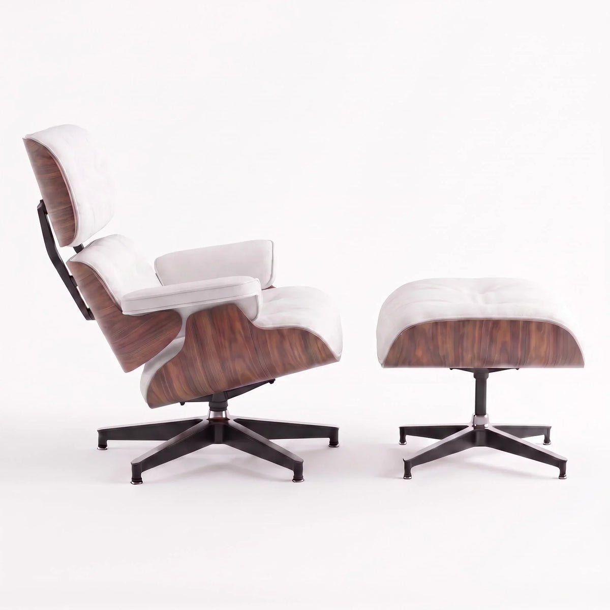 Marlow Lounge Chair and Ottoman in White leather and Walnut veneer | Madorne