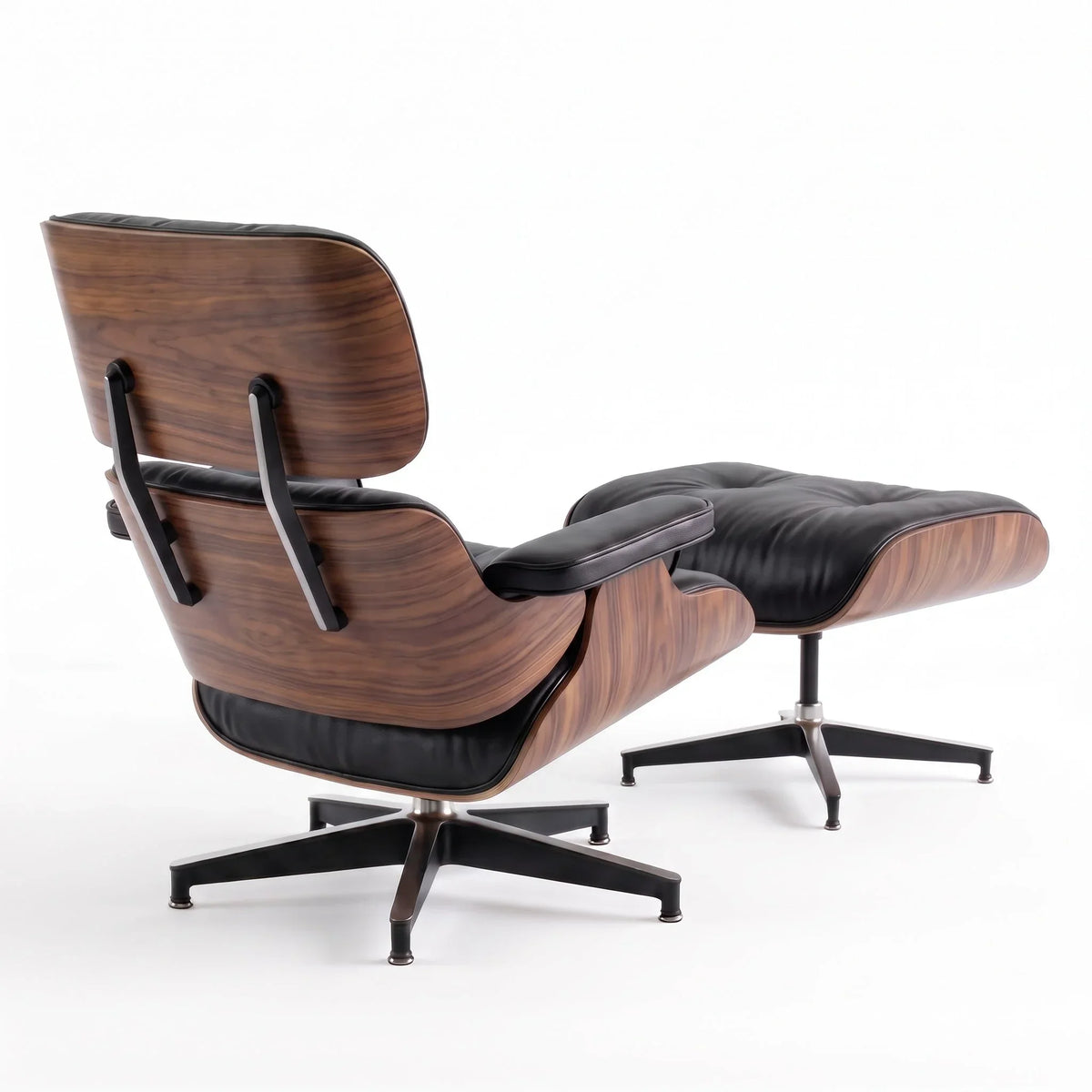 Marlow Lounge Chair and Ottoman in Black leather and Walnut veneer | Madorne