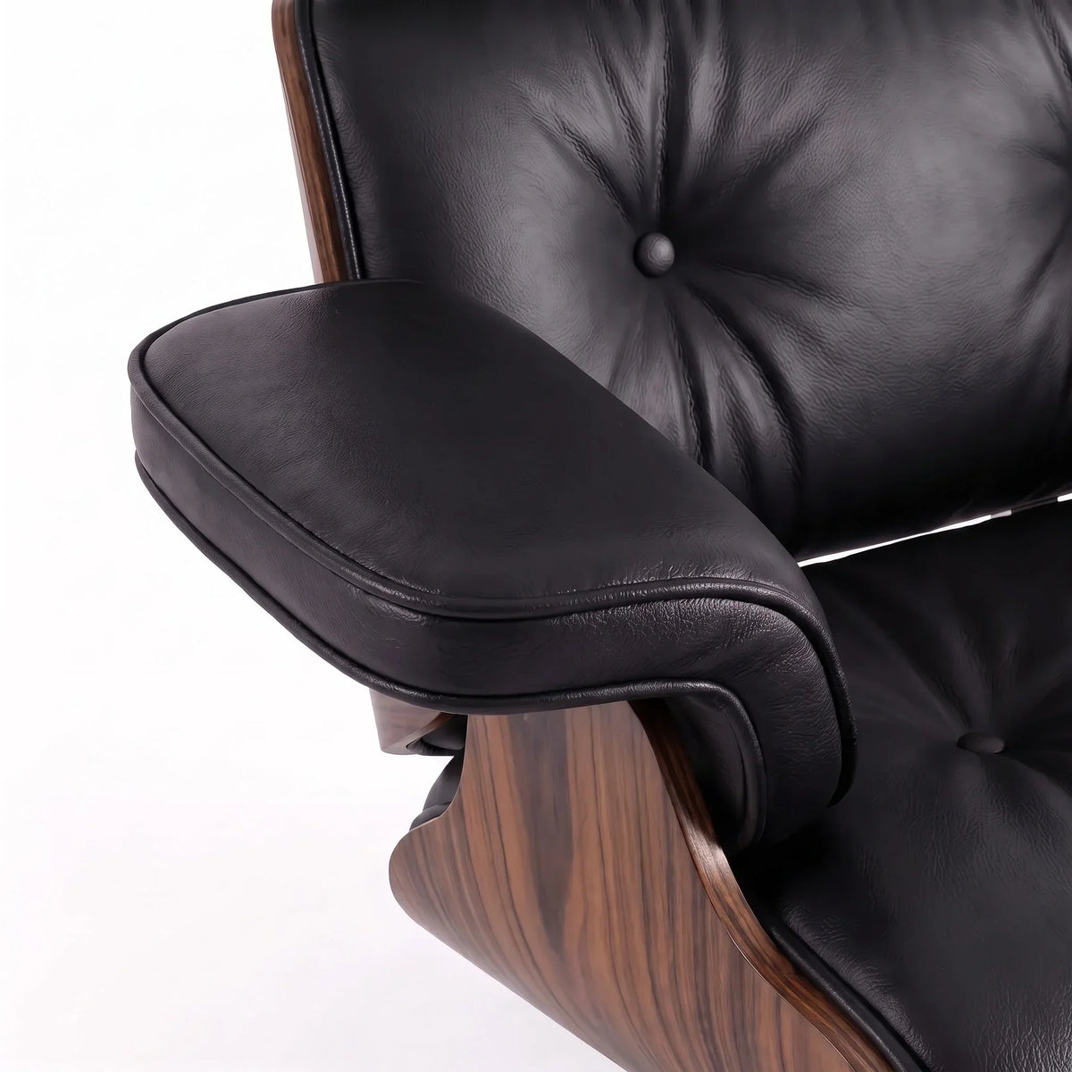 Marlow Lounge Chair and Ottoman in Black leather and Palisander veneer | Madorne