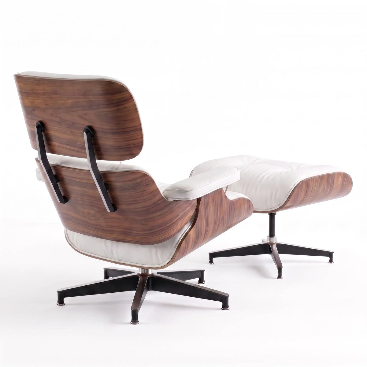 Marlow Lounge Chair and Ottoman in White leather and Walnut veneer | Madorne