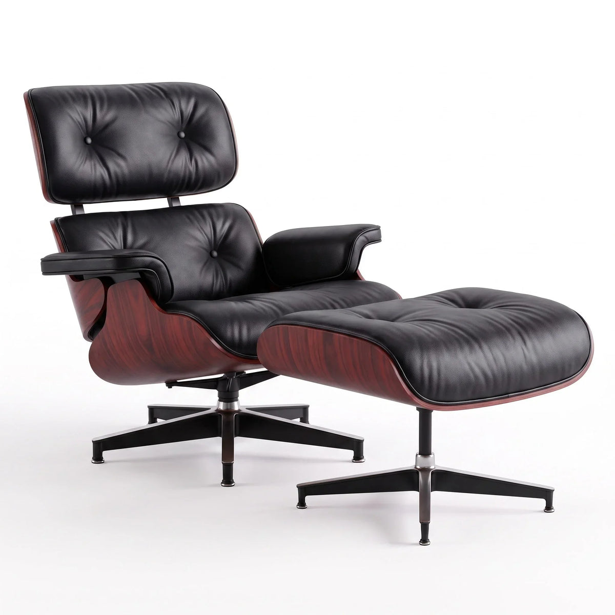 Marlow Lounge Chair and Ottoman in Black leather and Rosewood veneer | Madorne