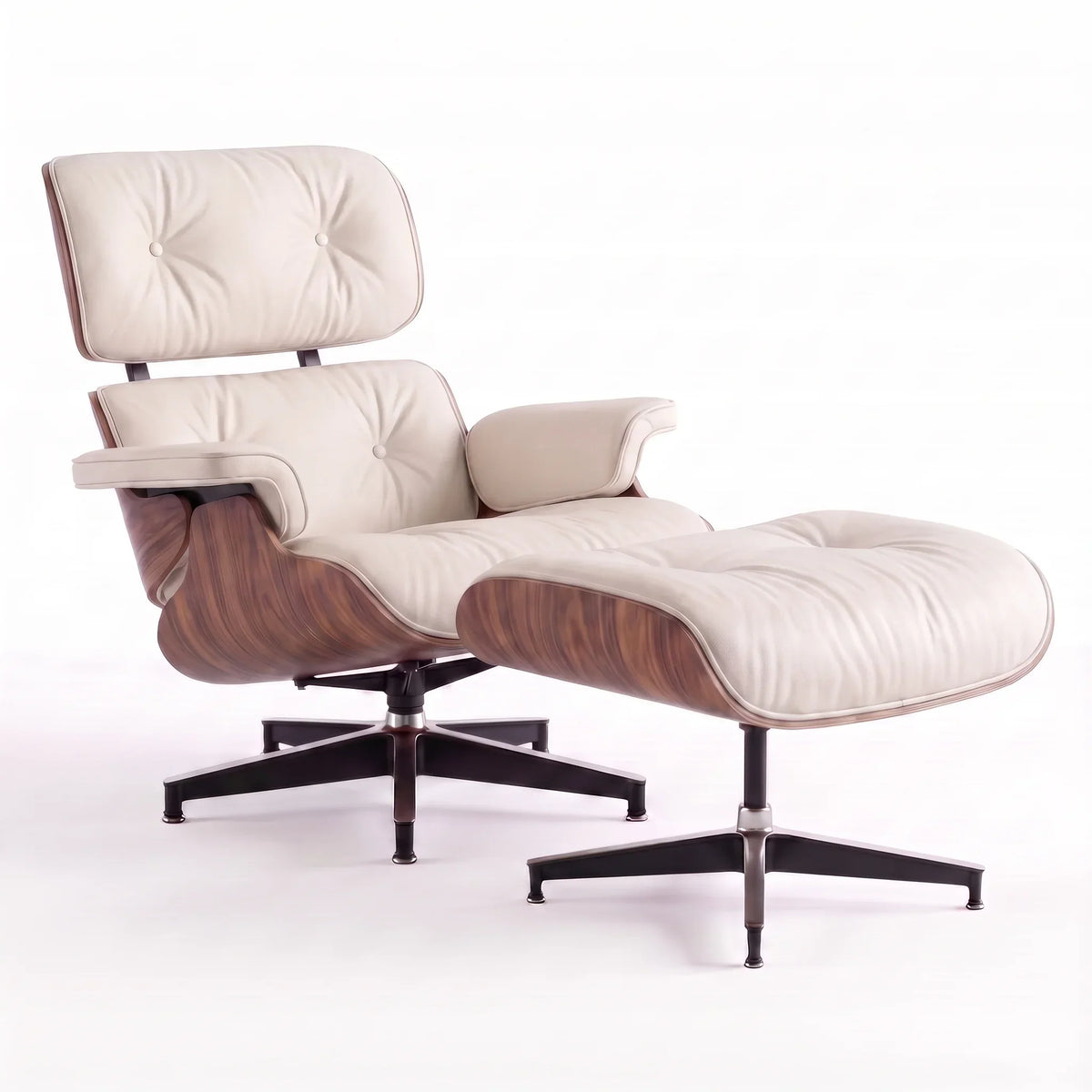 Marlow Lounge Chair and Ottoman in Cornsilk leather and Walnut veneer | Madorne