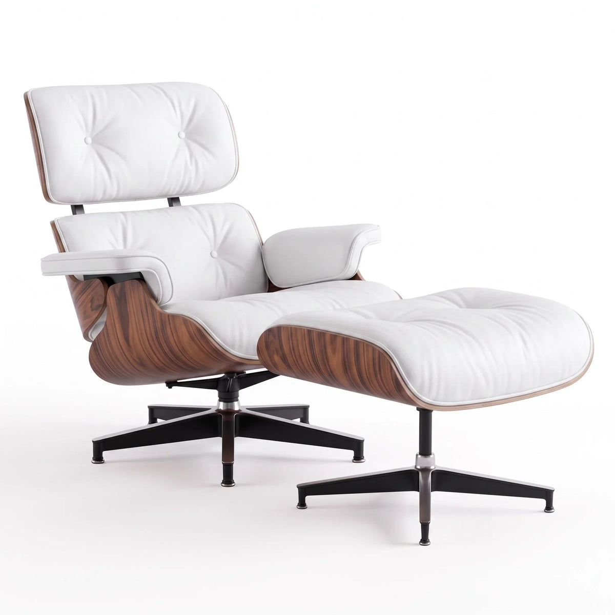 Marlow Lounge Chair and Ottoman in White leather and Palisander veneer | Madorne