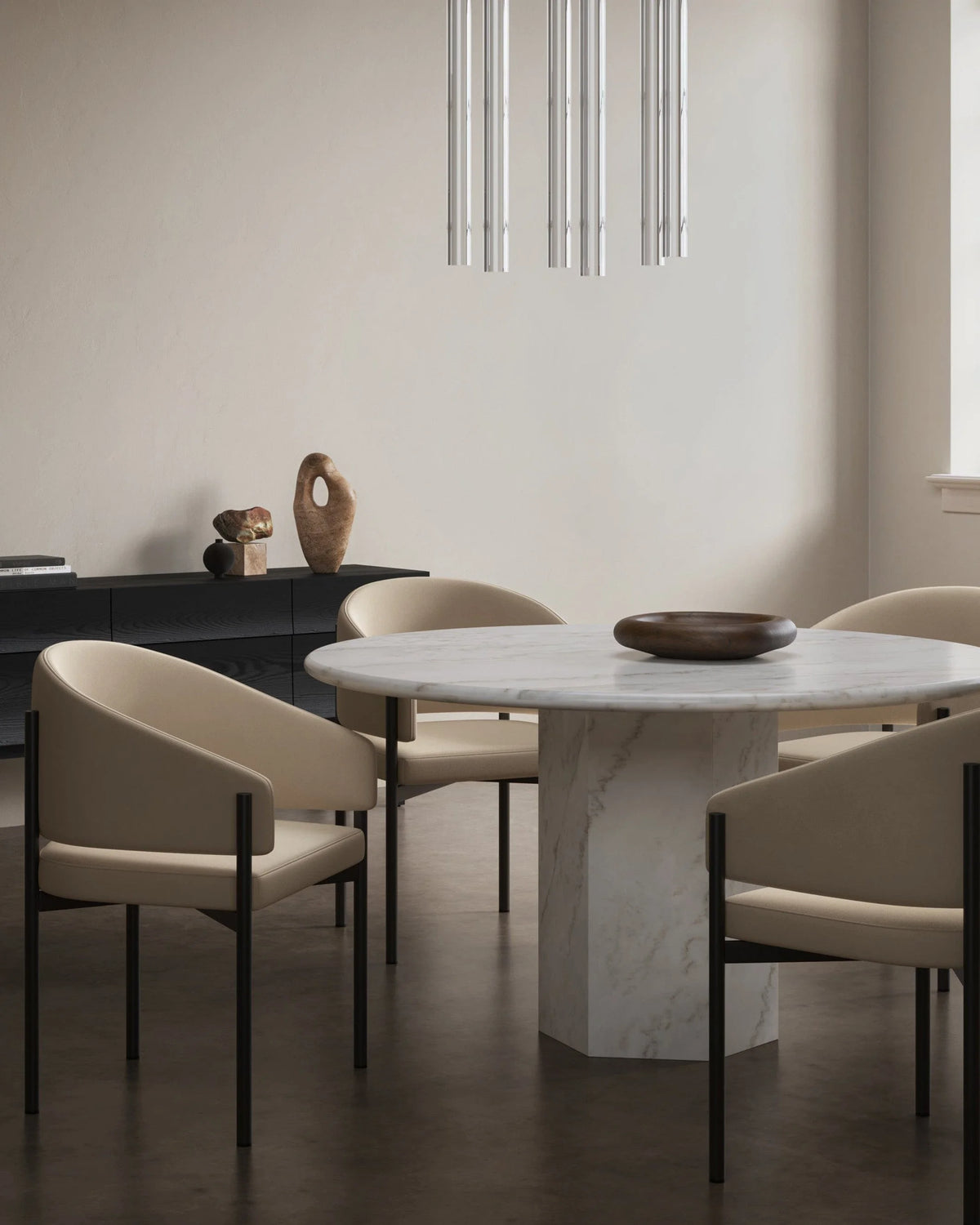 Sagan 55™ round dining table | travertine pedestal - tables epic table-inspired | madorne