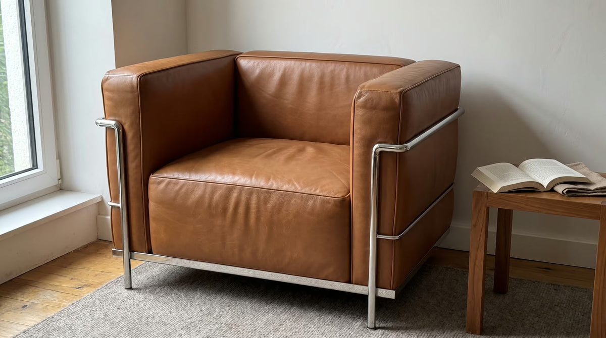 Tan leather lounge chair beside a wooden side table