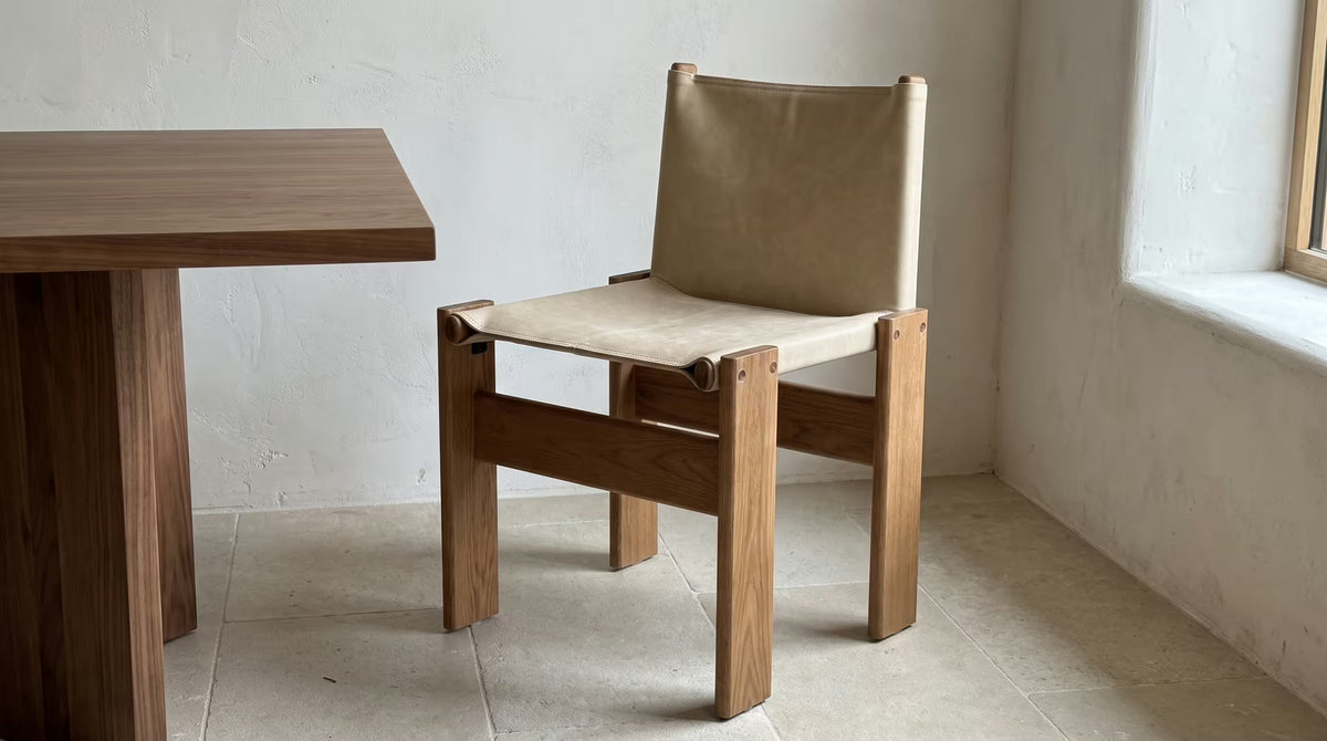 Wooden Monko dining chair with beige sling upholstery