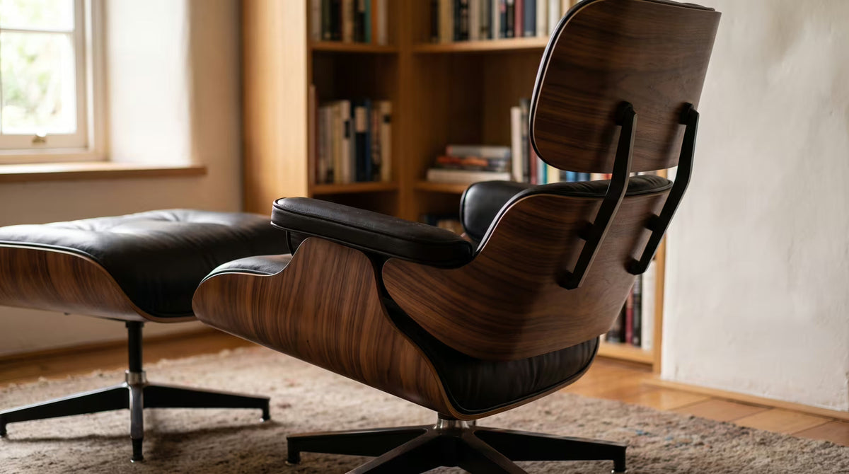 Room illustration: close view of a lounge chair’s walnut veneer shell and black leather cushions