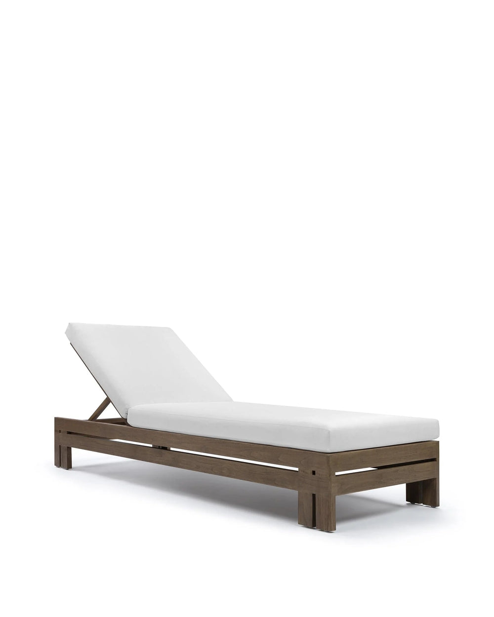 Luso™ outdoor lounger | teak and quick-dry cushion - weathered with white cushions - lounge chairs luso | madorne