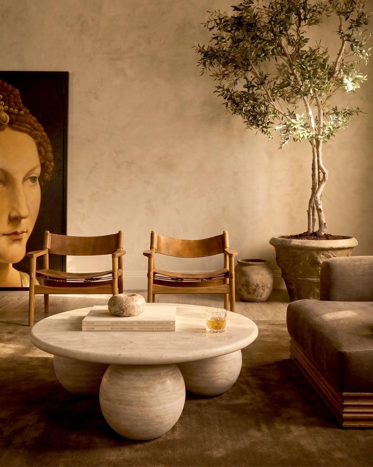 Maia orb™ coffee table | stone finish - tables three-sphere travertine | madorne