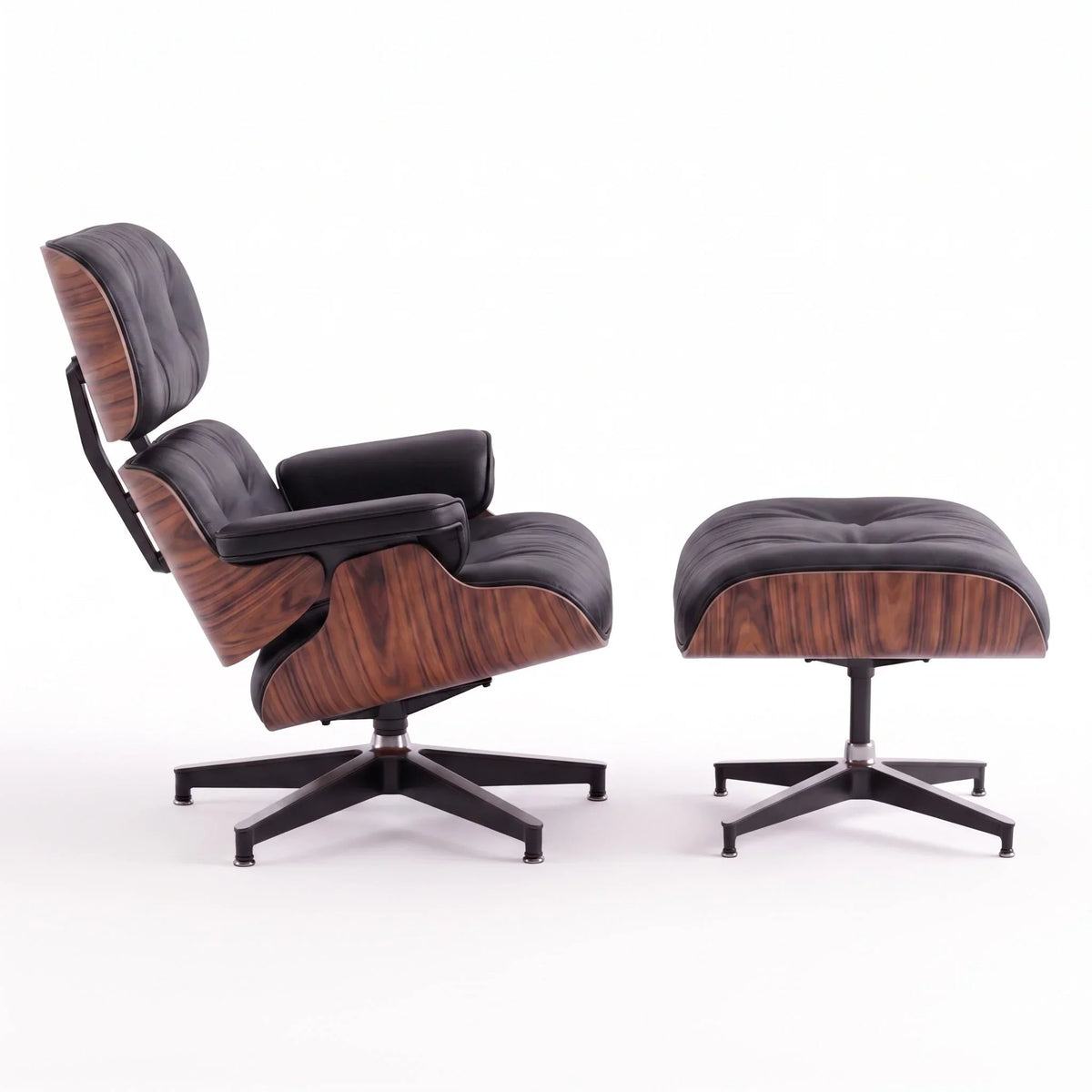 Marlow Lounge Chair and Ottoman in Black leather and Palisander veneer | Madorne
