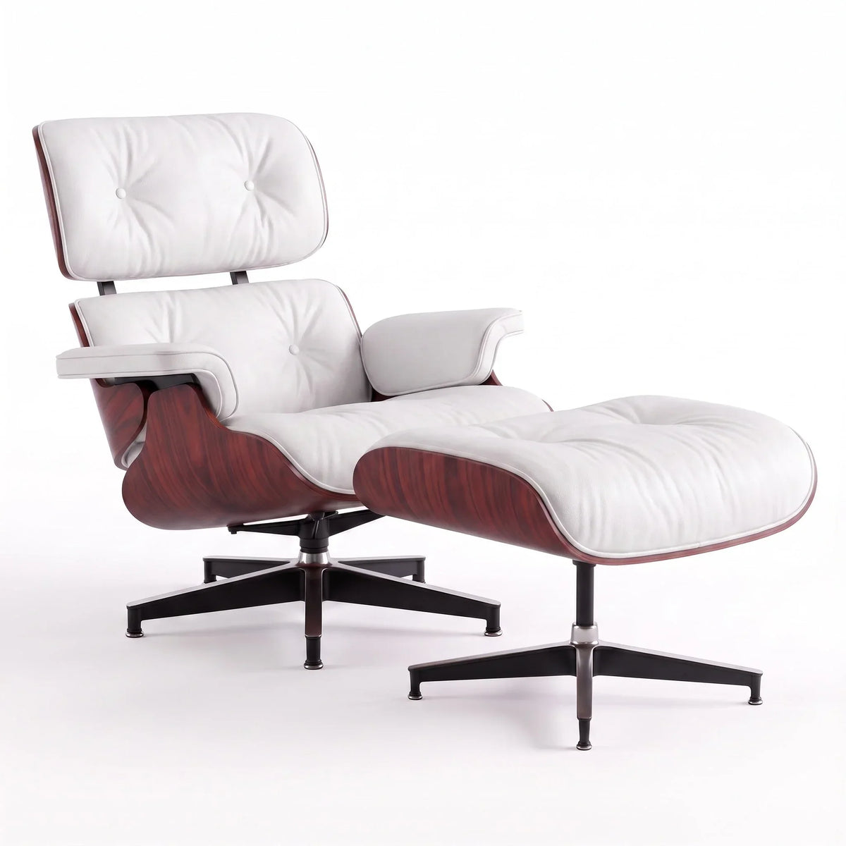 Marlow Lounge Chair and Ottoman in White leather and Rosewood veneer | Madorne