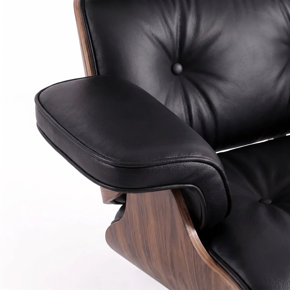 Marlow Lounge Chair and Ottoman in Black leather and Walnut veneer | Madorne