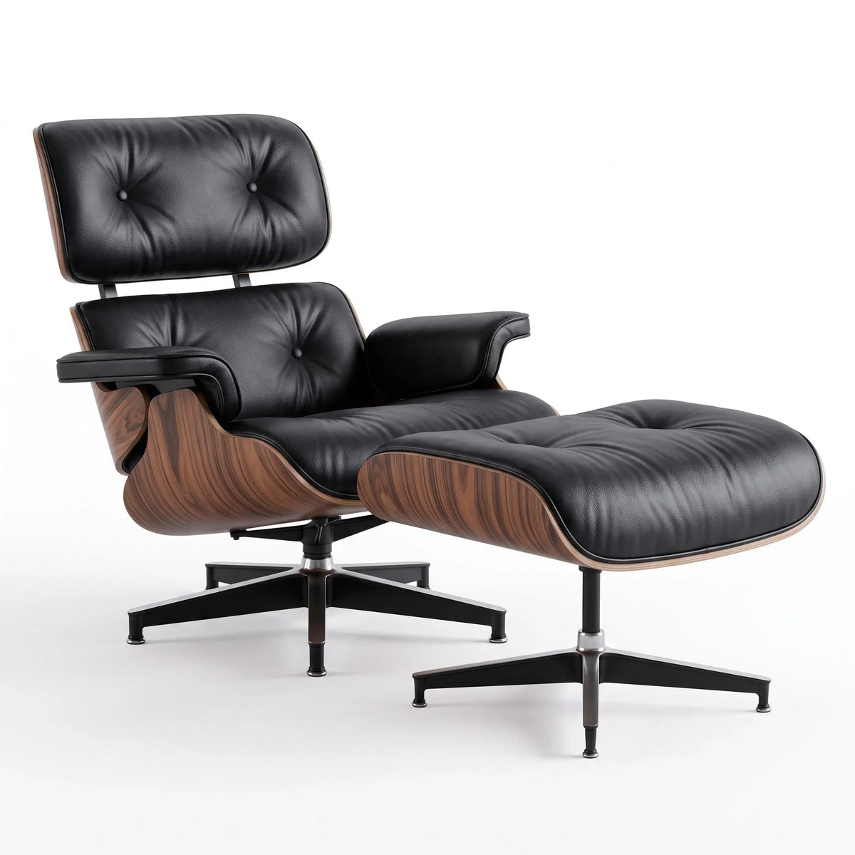 Marlow Lounge Chair and Ottoman in Black leather and Palisander veneer | Madorne