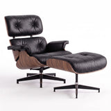 Marlow Lounge Chair and Ottoman in Black leather and Walnut veneer | Madorne
