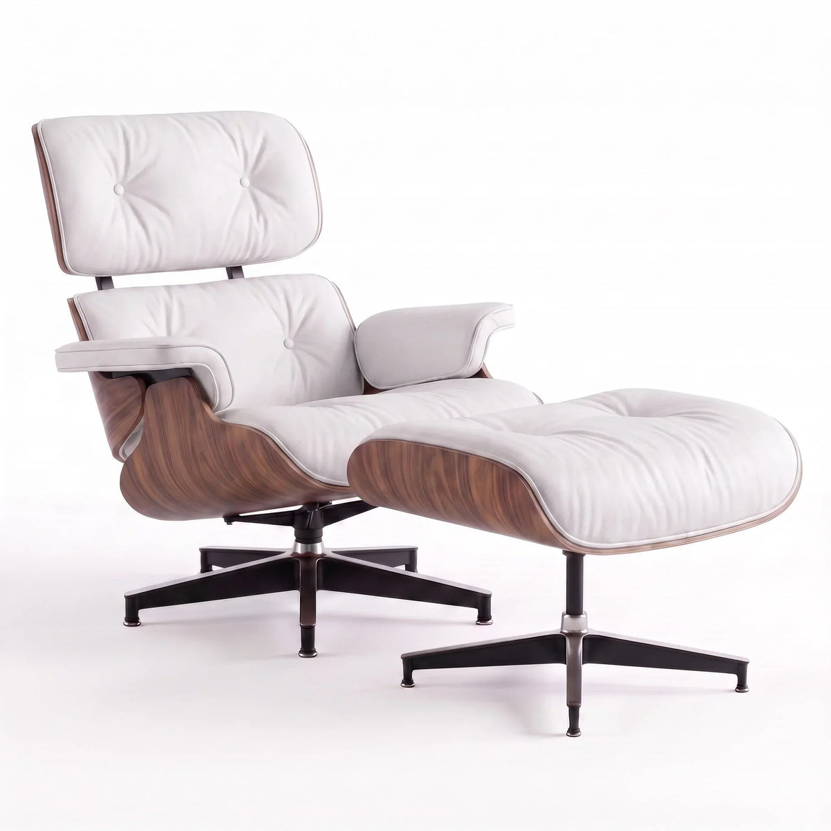 Marlow Lounge Chair and Ottoman in White leather and Walnut veneer | Madorne