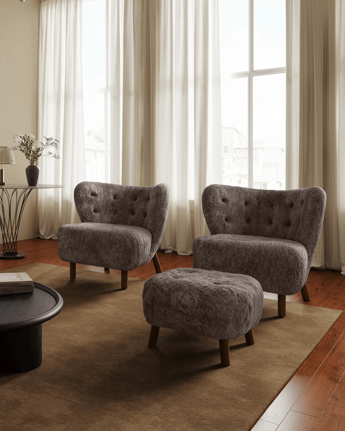 Petral 38™ ottoman | sheepskin and walnut - stools & ottomans 38 | modern | contemporary design | mad...