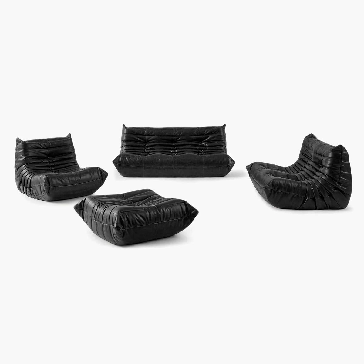 Pogo 73 leather Conversation Set + Ottoman in Black Waxy leather